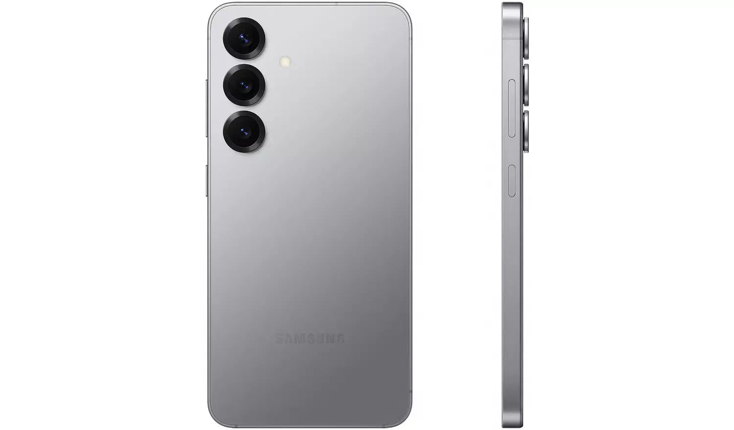 Silver Galaxy S25 5G back and side view showing camera bump and buttons