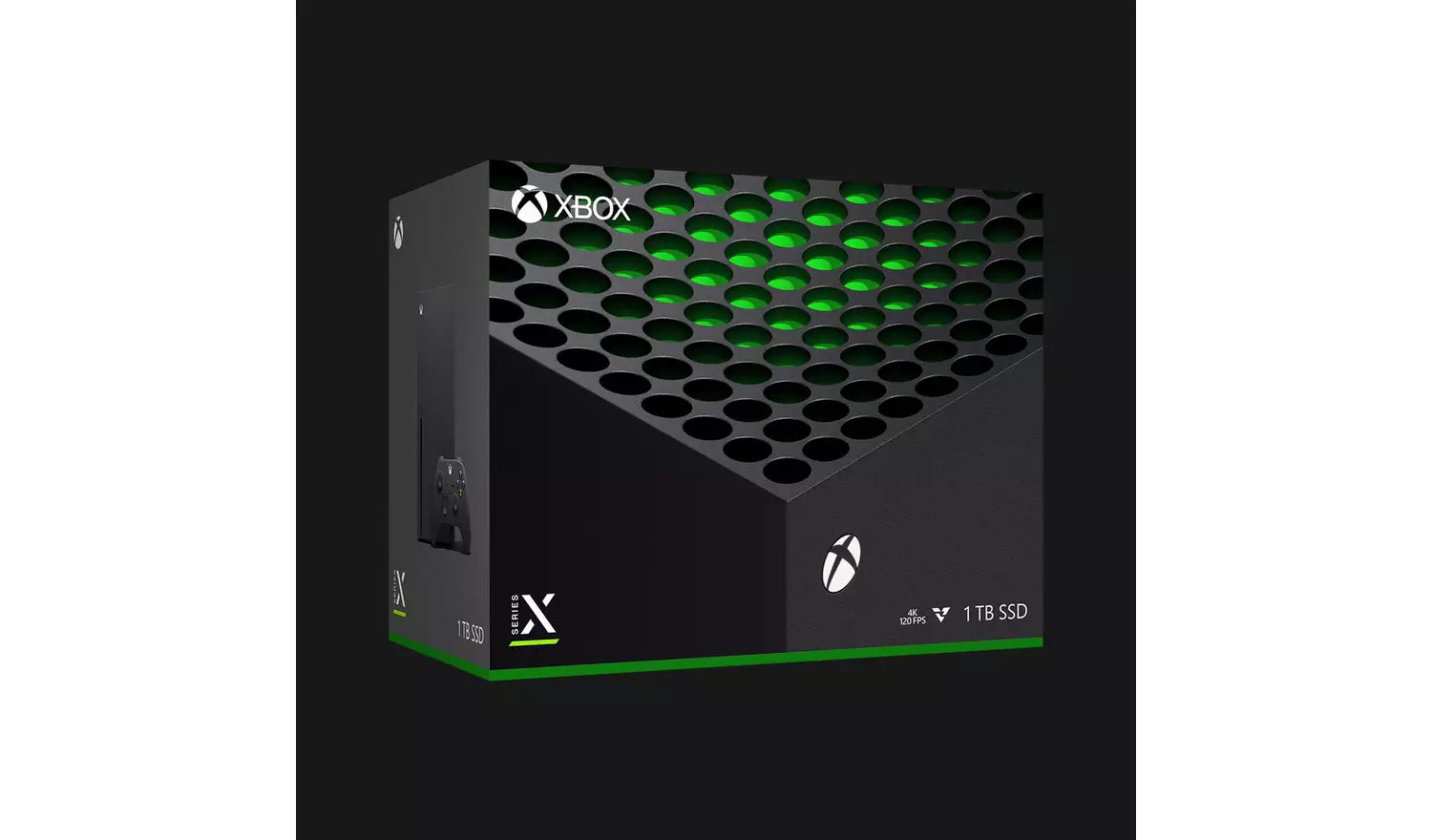 Xbox Series X 1TB verpakking met Xbox-logo en 1 TB SSD opdruk