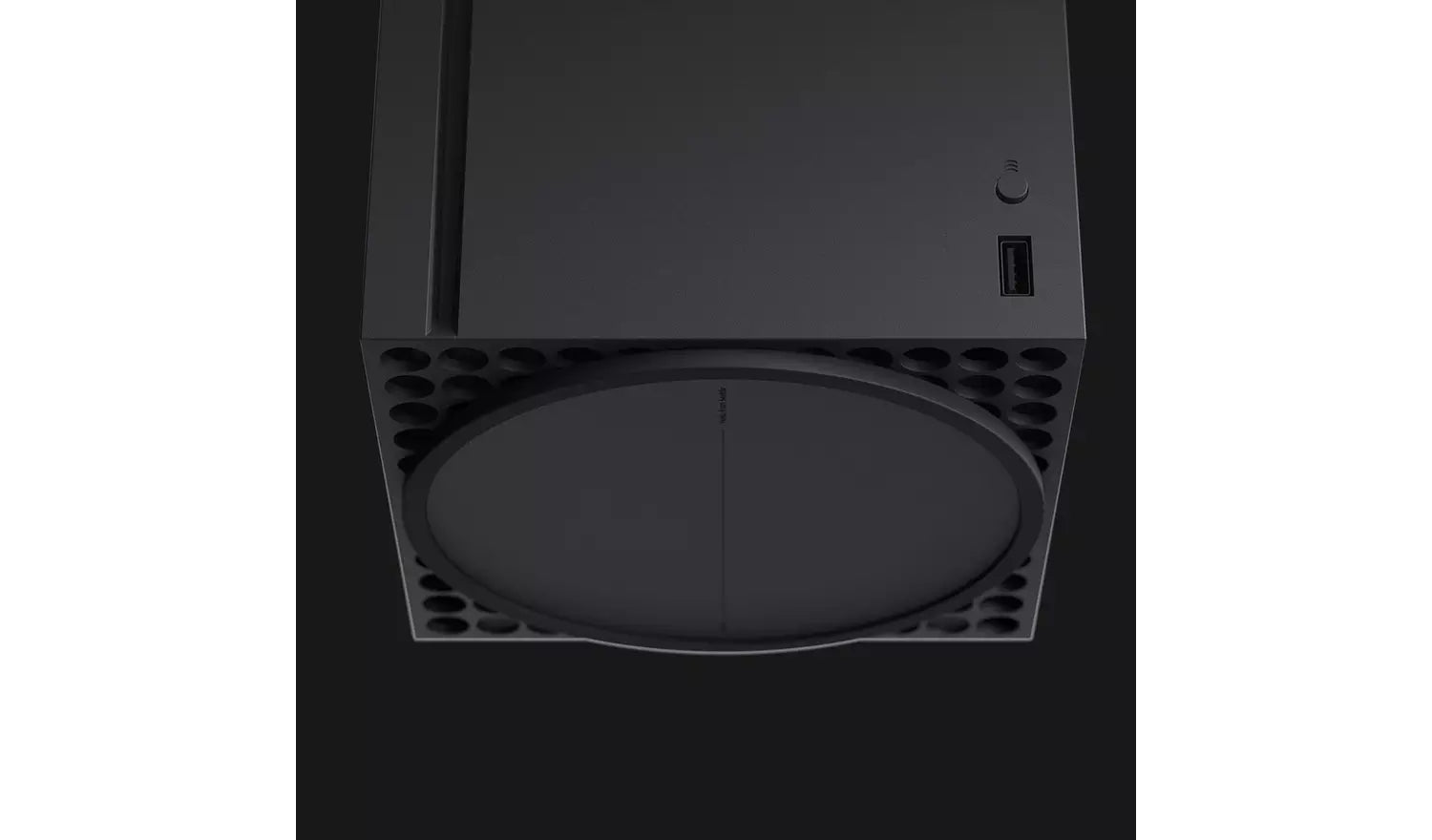 Xbox Series X onderkant met ventilatierooster en ronde schijf-opening