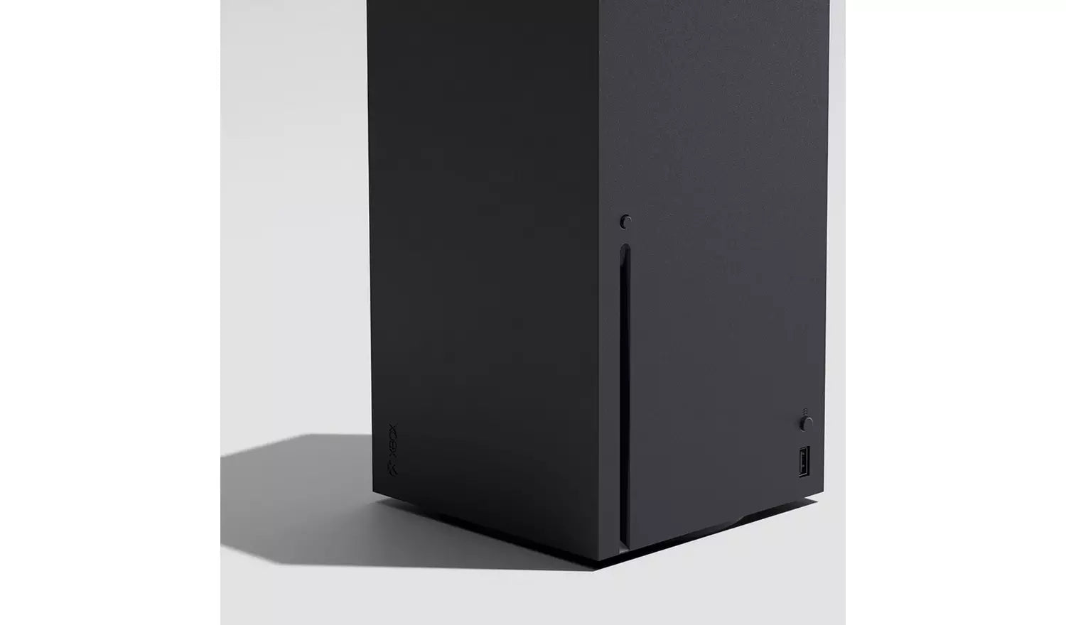 Xbox Series X zijaanzicht met poorten, zwart behuizing