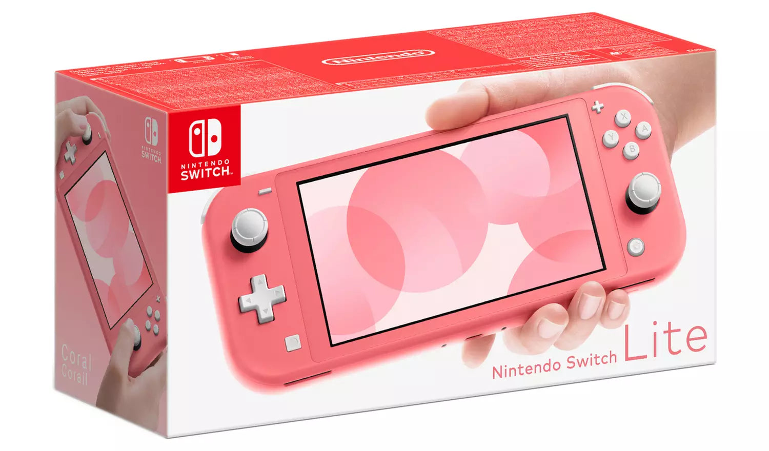 Nintendo Switch Lite coral handheld console in retail box, front view with screen