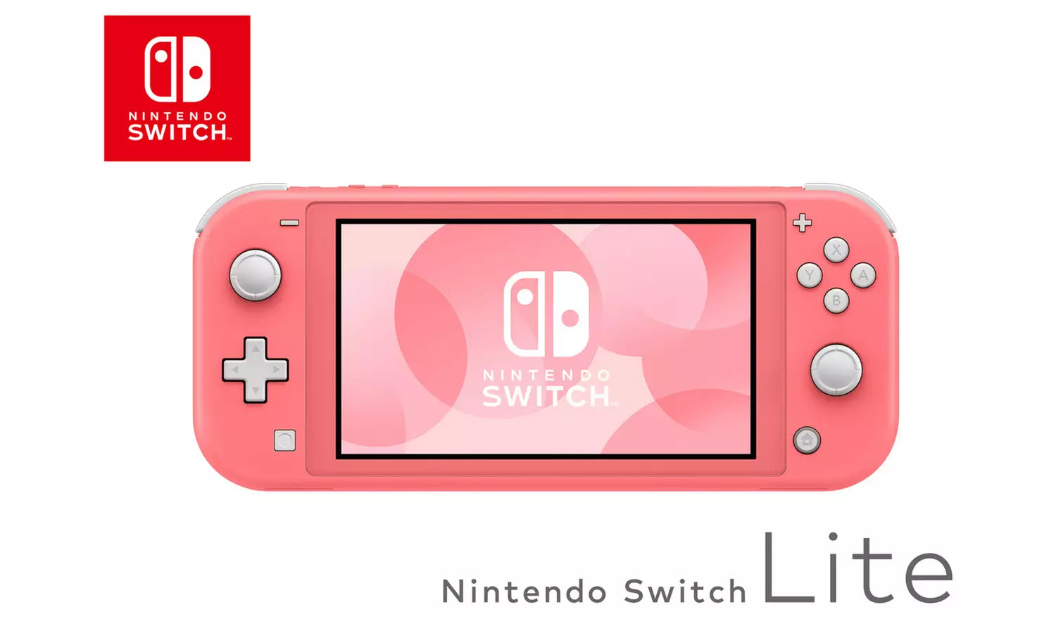 Nintendo Switch Lite coral handheld console, front close-up with buttons and screen