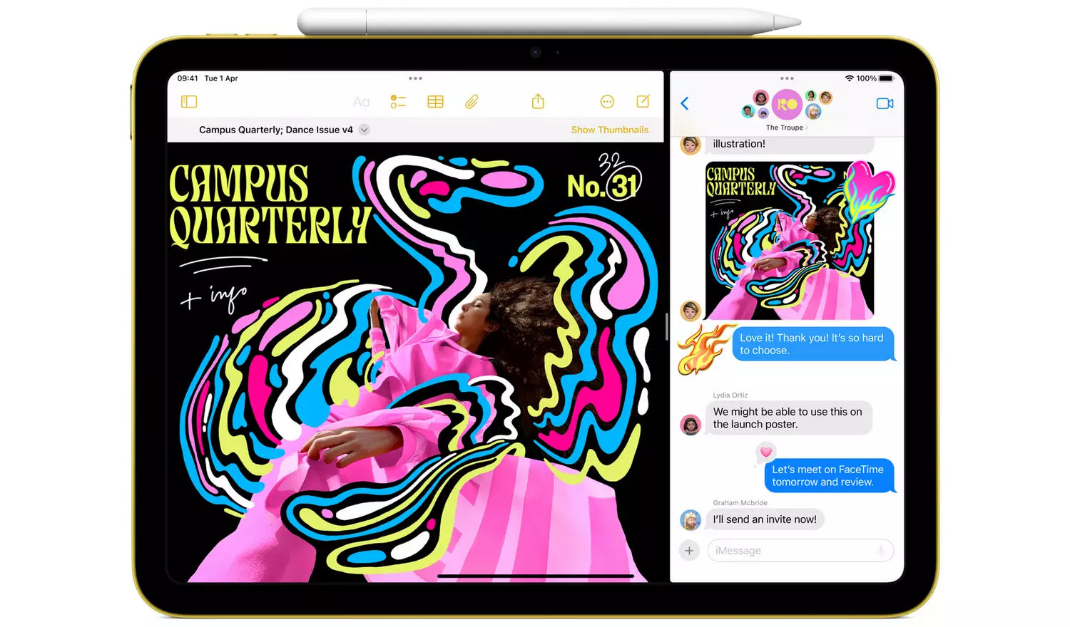 Pink iPad 2025 11-inch tablet showing a split-screen messaging layout