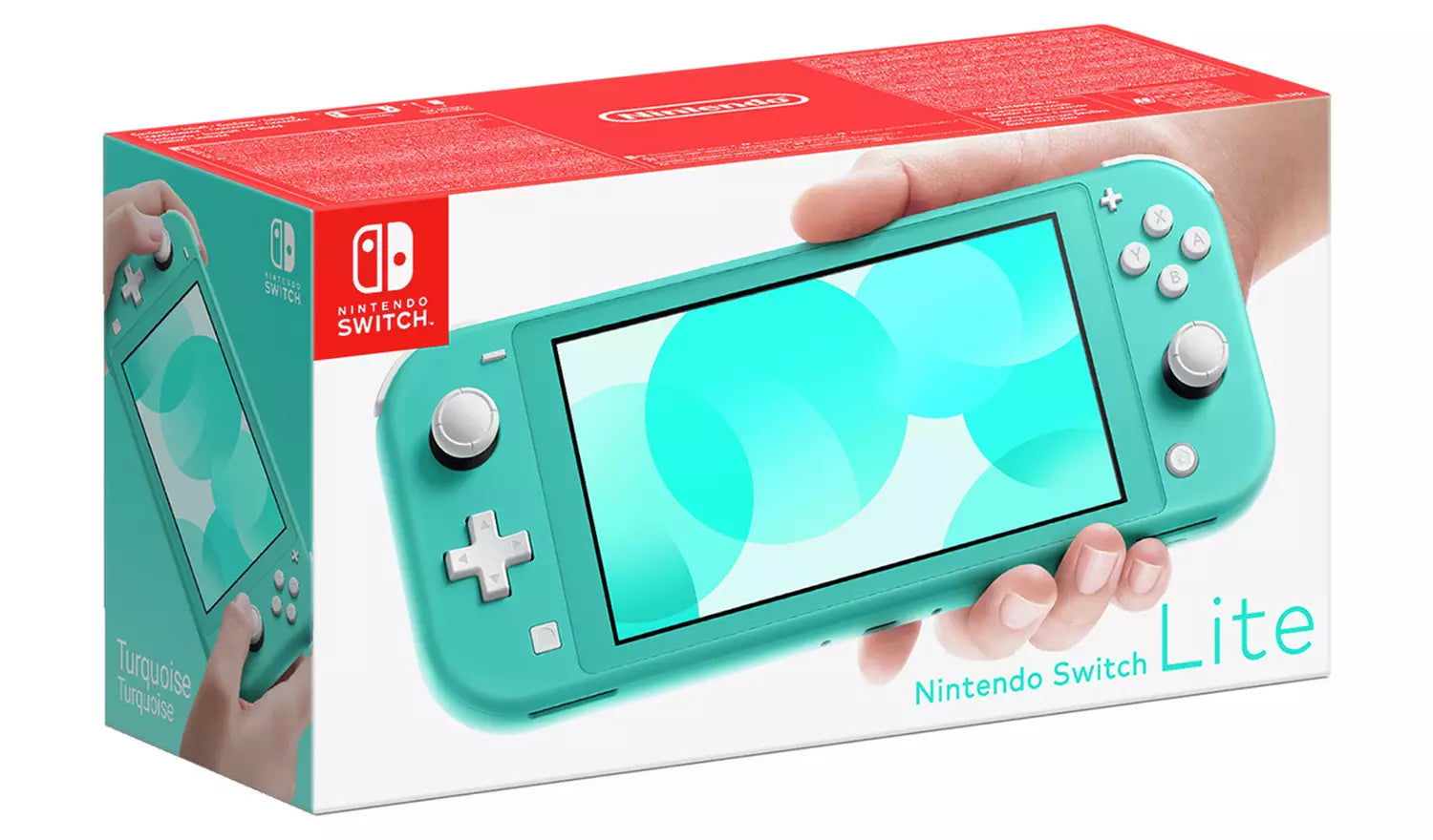 Nintendo Switch Lite retail box showing turquoise handheld console