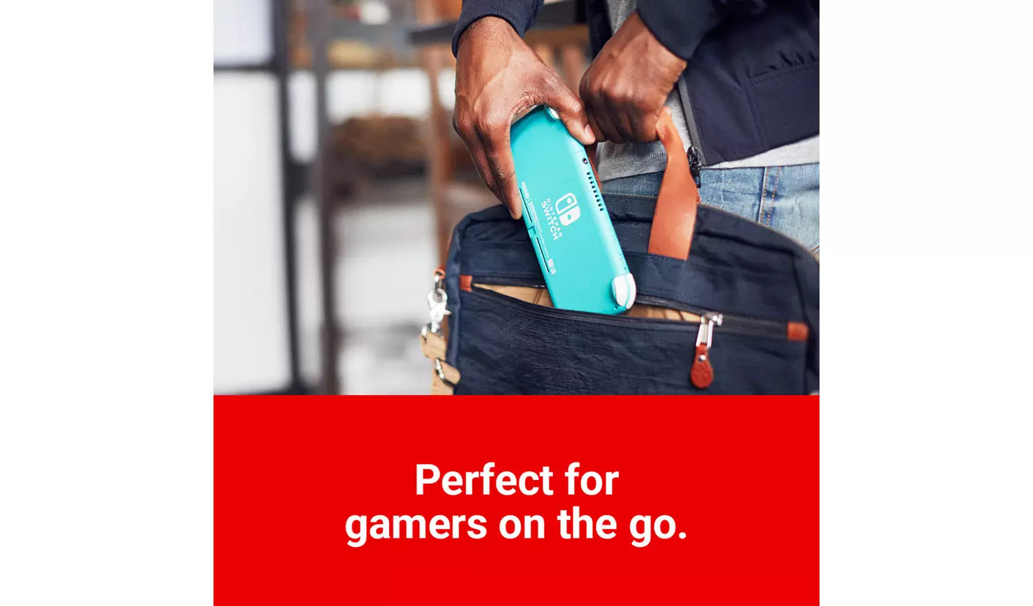 Turquoise handheld console carried in a bag by person