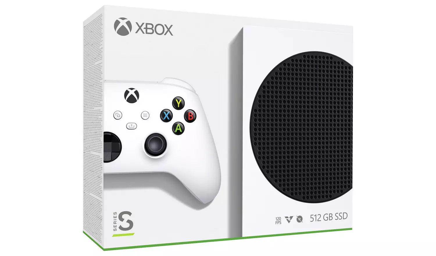 Xbox Series S 512GB retail box showing controller and console with oval grille