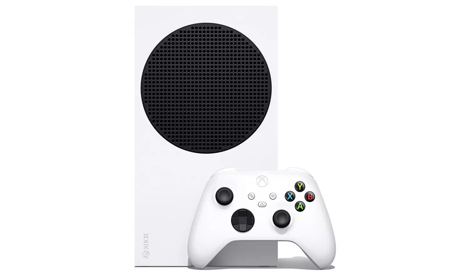 Xbox Series S 512GB console front view with white controller and oval black grille