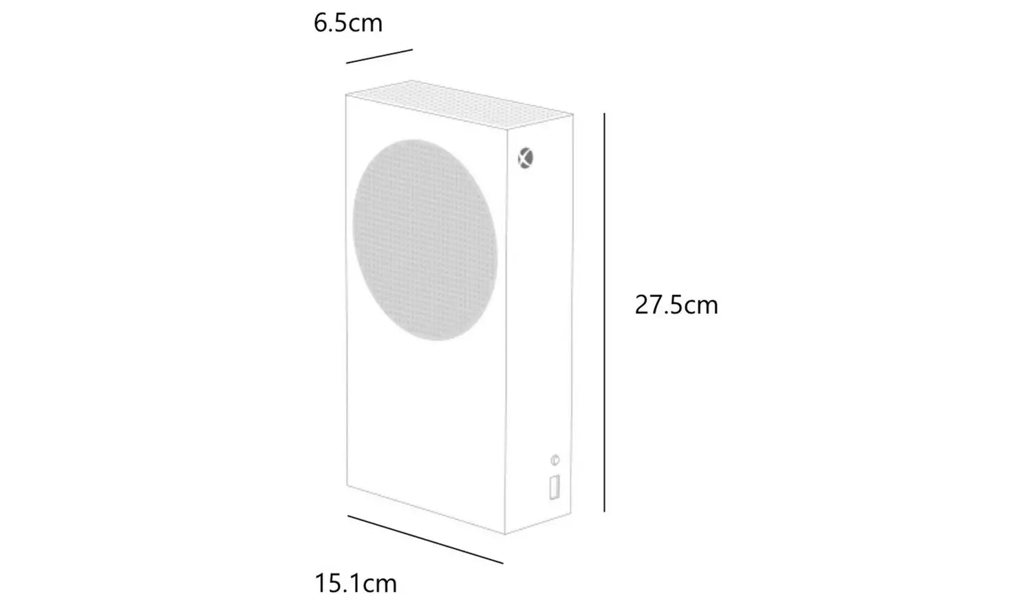 Xbox Series S dimensions diagram: 27.5cm height, 15.1cm width, 6.5cm depth