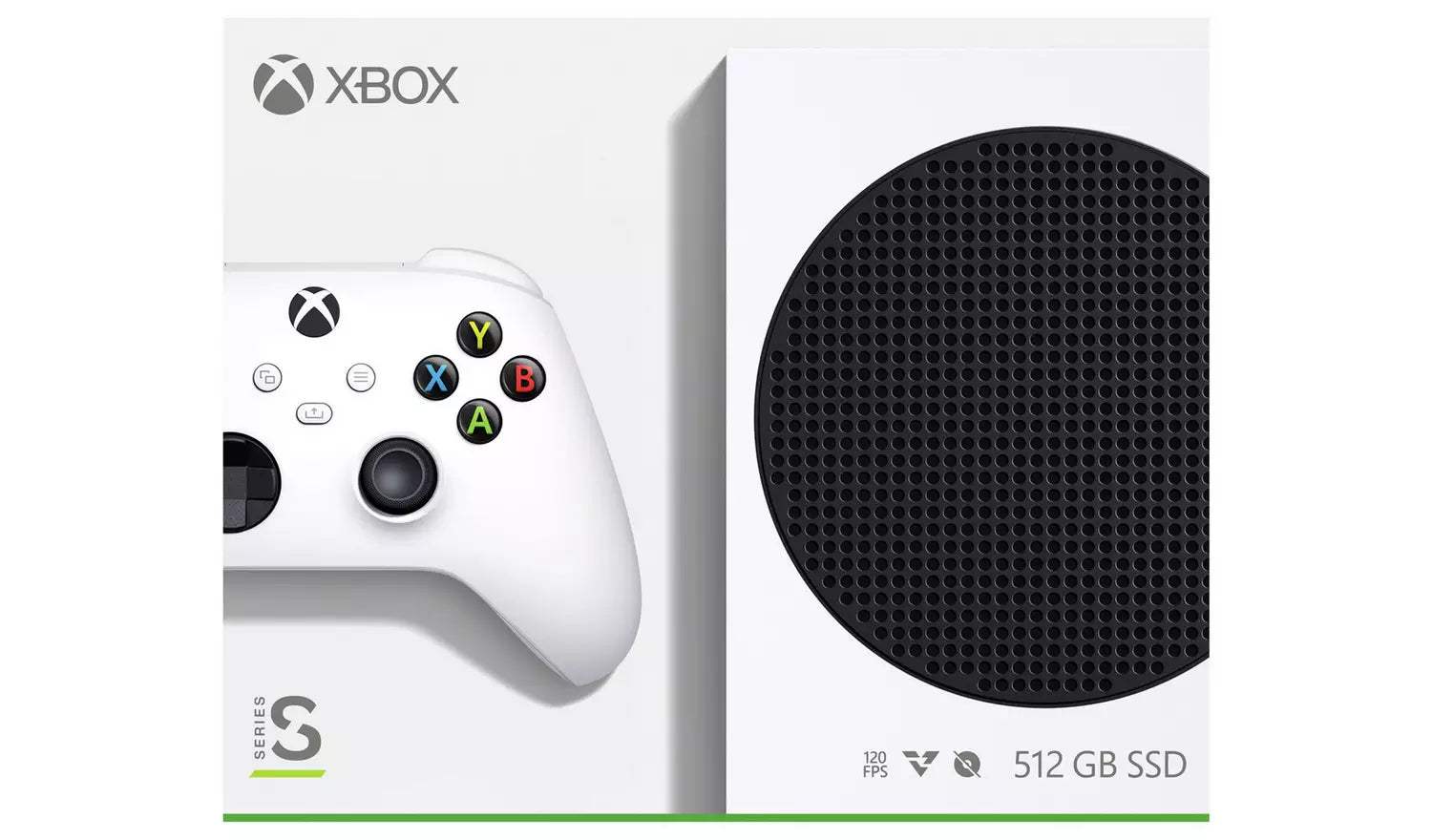 Xbox Series S console grille with white controller; 512 GB SSD