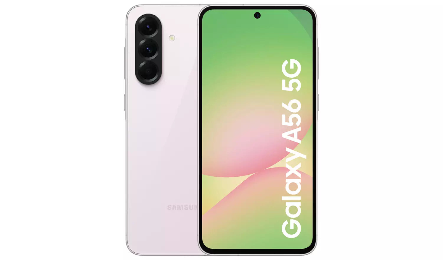 Pink Galaxy A56 5G smartphone front and back with dual-lens rear camera