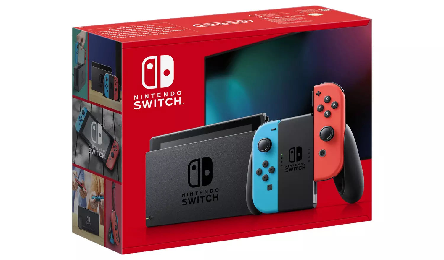 Nintendo Switch console with neon red and blue Joy-Con controllers, tablet screen