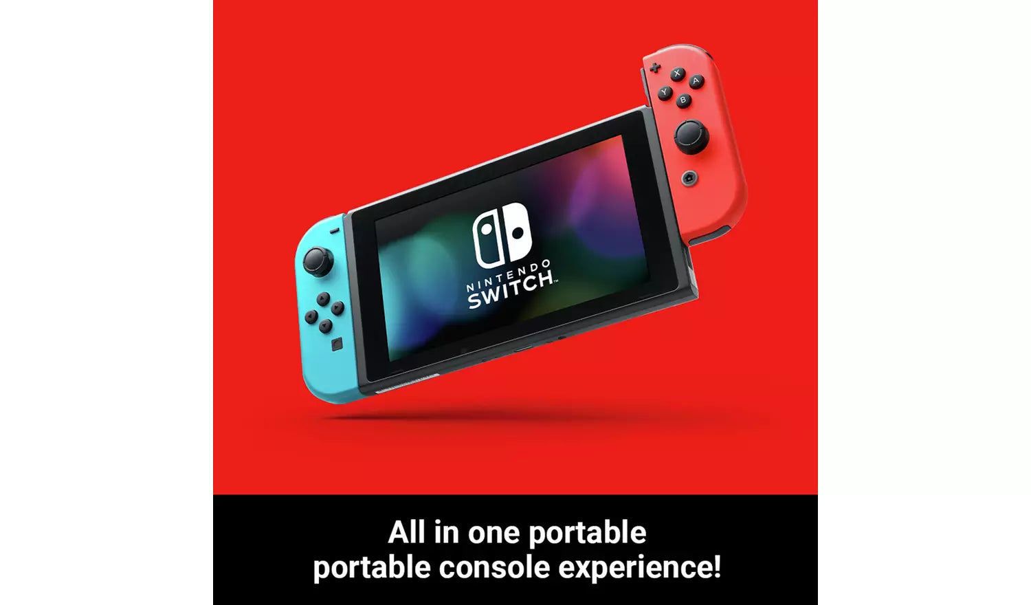 Neon red and blue Joy-Con handheld console with lit screen