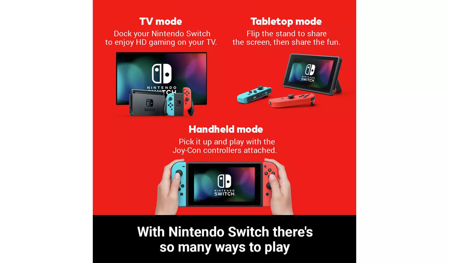 Neon Joy-Con Nintendo Switch shown in TV, tabletop, and handheld views