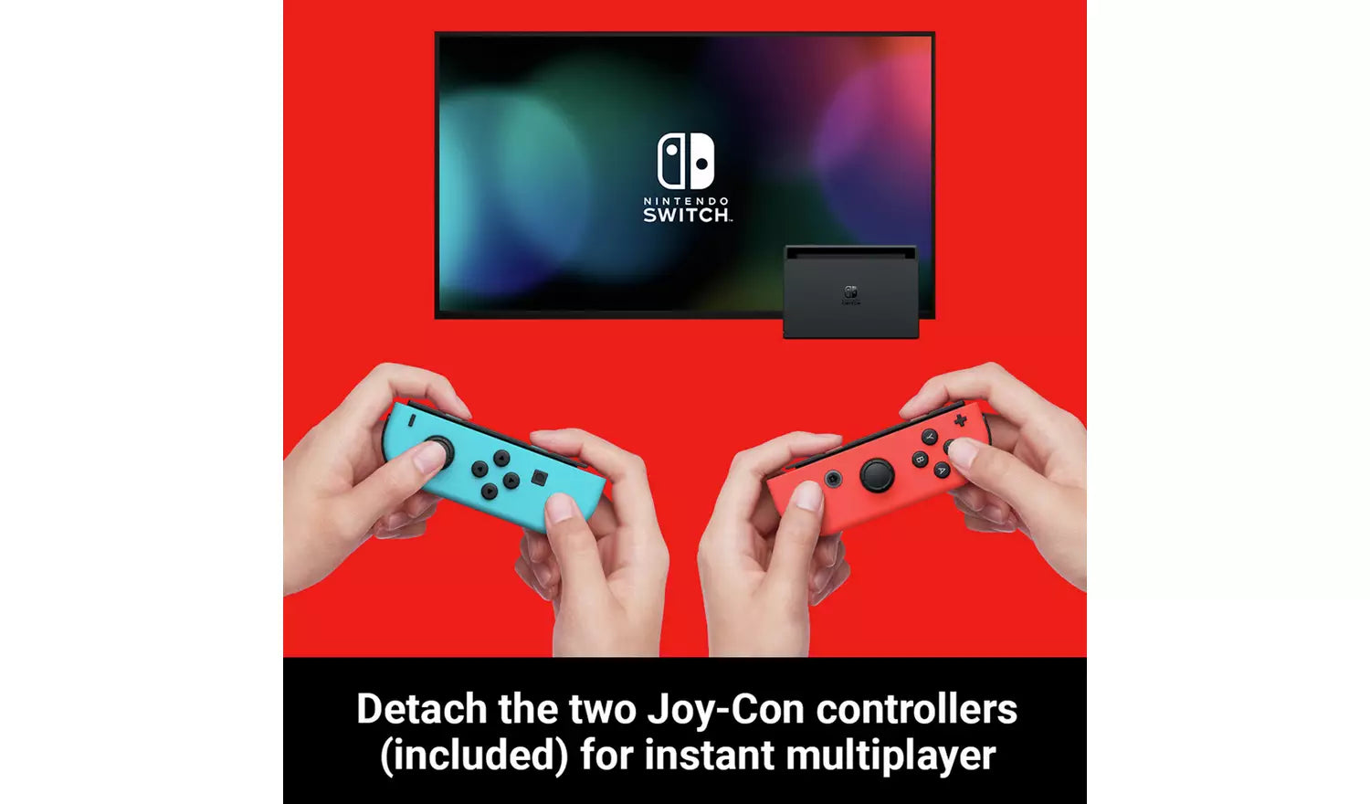 Neon red and blue Joy-Con controllers detached from Nintendo Switch tablet