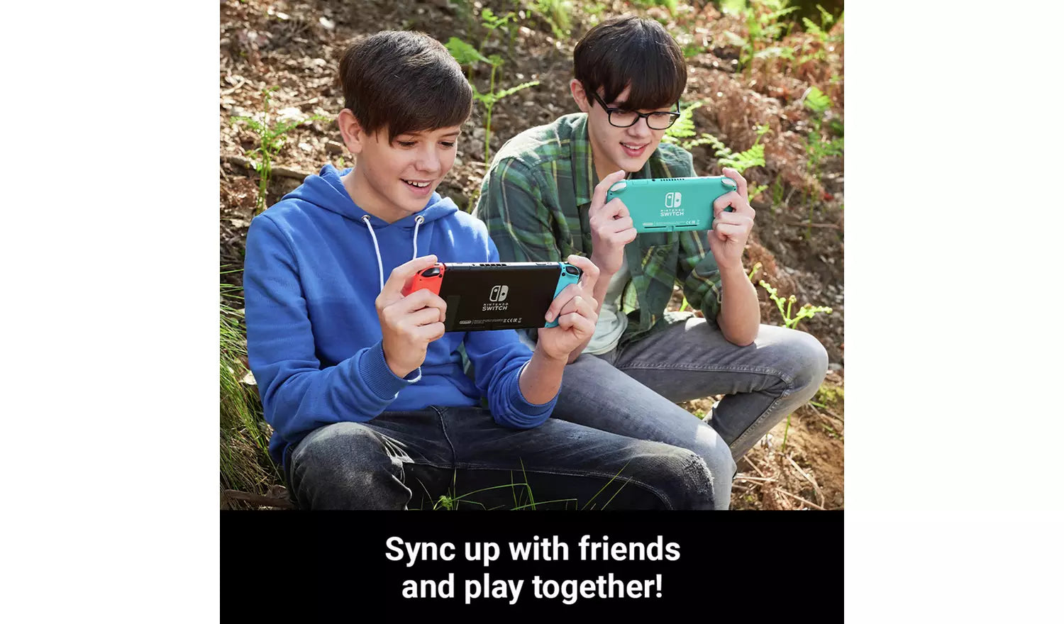 Neon red and blue Switch handheld console held by two players, shared play