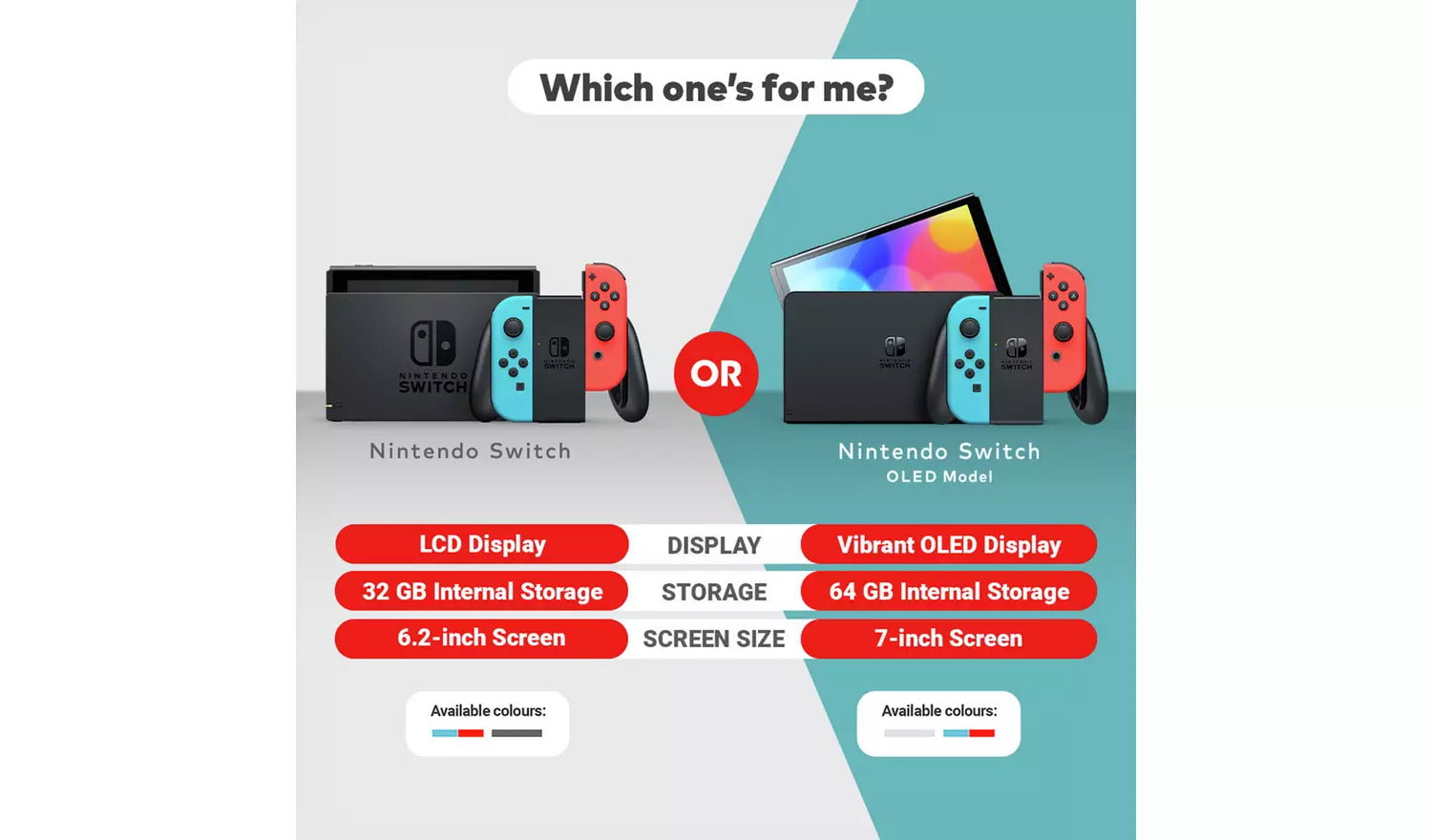Neon red and blue Switch consoles displayed side by side with Joy-Con controllers
