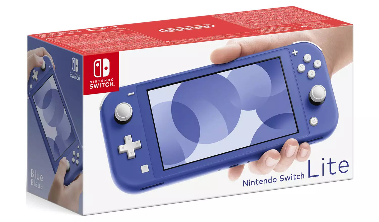 Nintendo Switch Lite blue handheld console in retail box, front view with screen