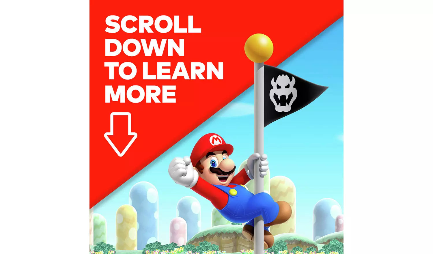Nintendo Switch Lite promotional illustration with Mario holding a flag and red text backdrop