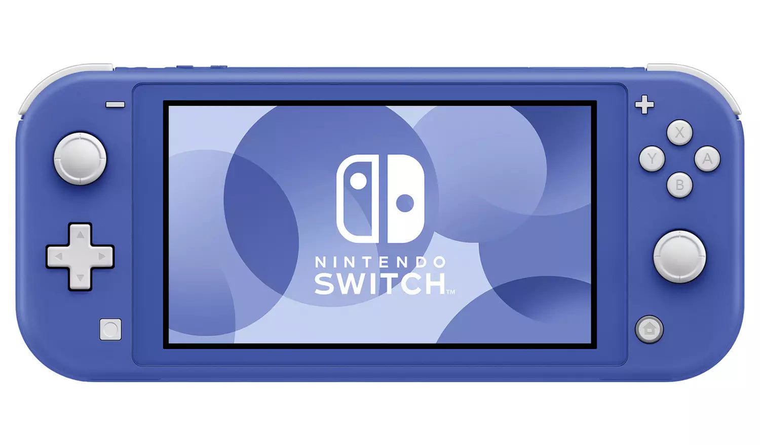 Nintendo Switch Lite blue handheld console, front close-up with controls and screen