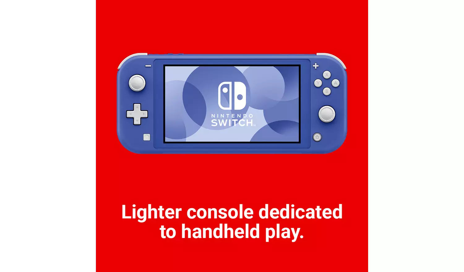 Nintendo Switch Lite blue handheld console shown horizontally on a red background