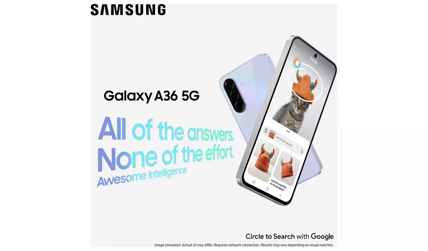 Galaxy A36 5G promotional graphic showing two smartphones with screens