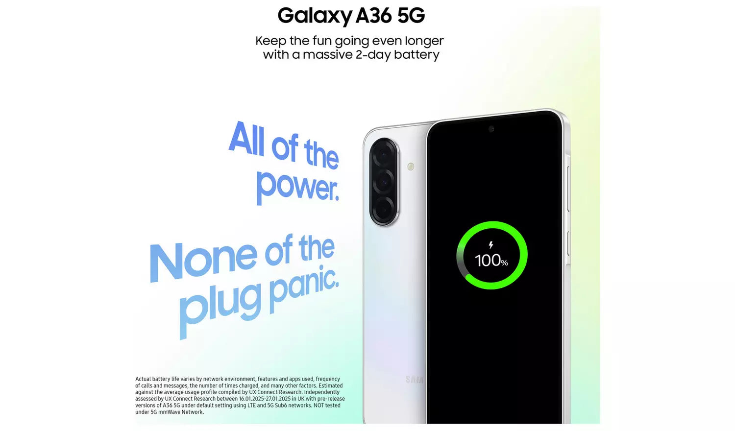 Galaxy A36 5G promotional graphic showing smartphones with battery icon