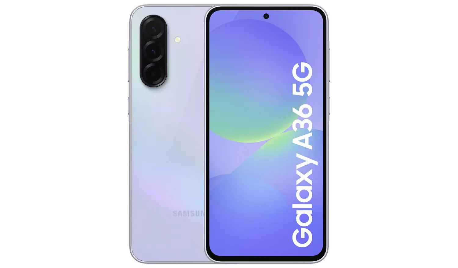 Lavender smartphone front and back with triple rear camera