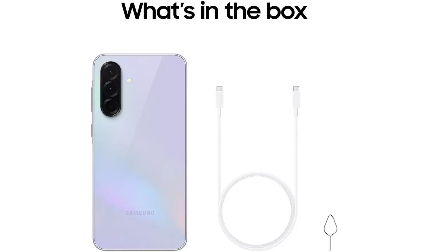 Galaxy A36 5G contents: phone, USB-C cable, and SIM tool