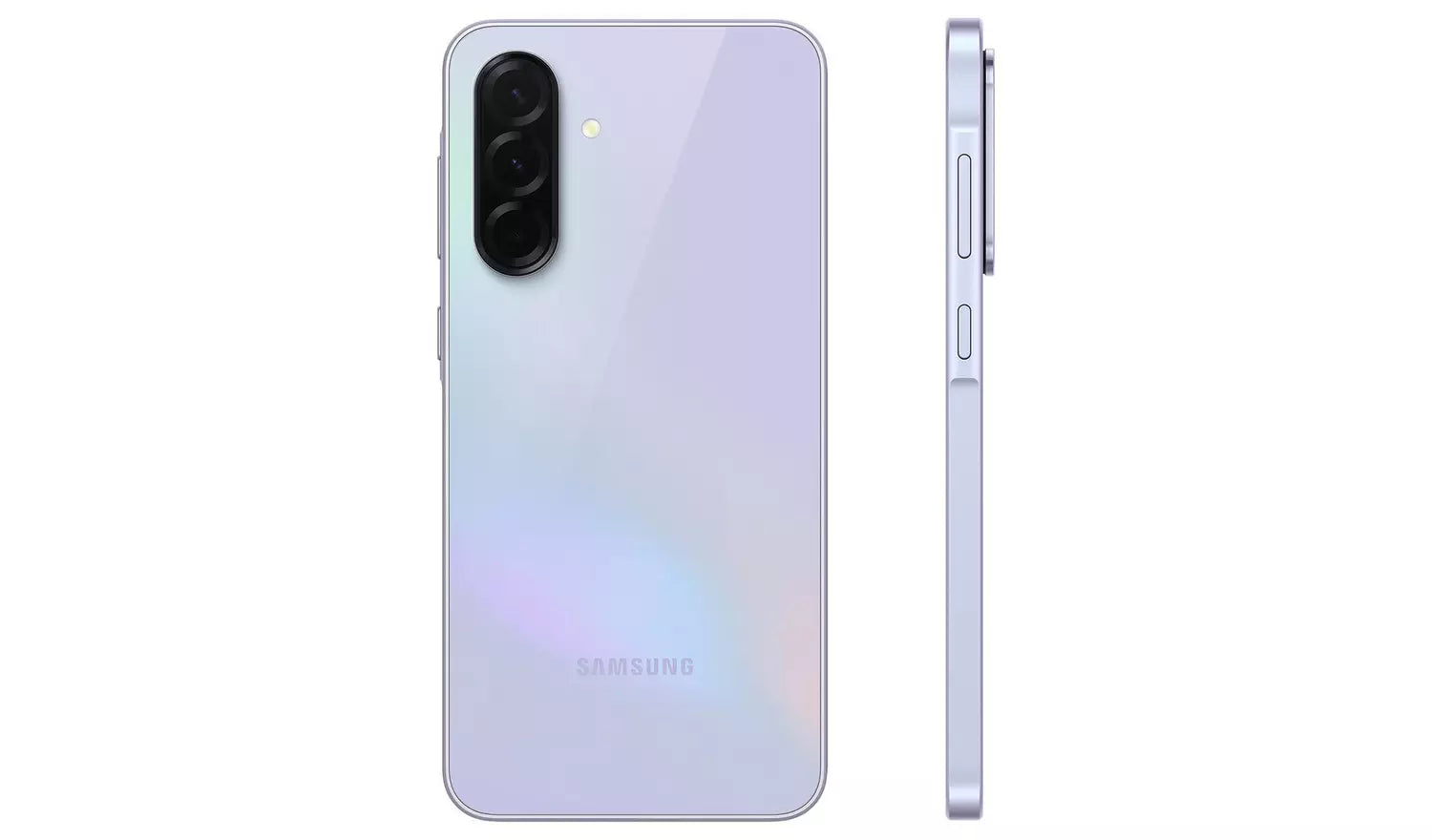 Lavender smartphone back with triple camera and side buttons