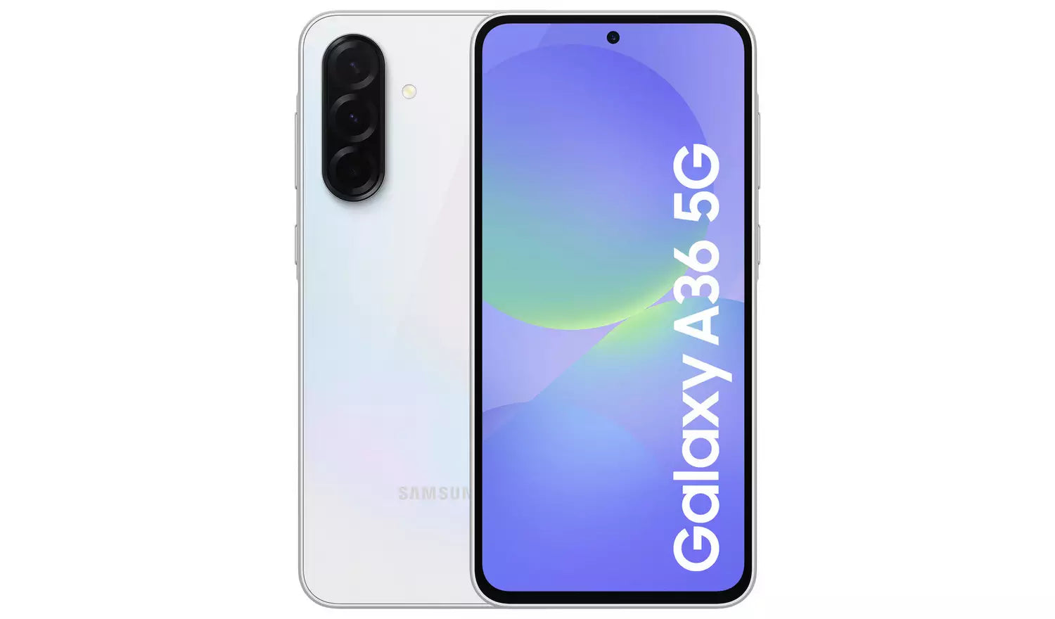 Galaxy A36 5G smartphone front and back, 5G A36 screen on display