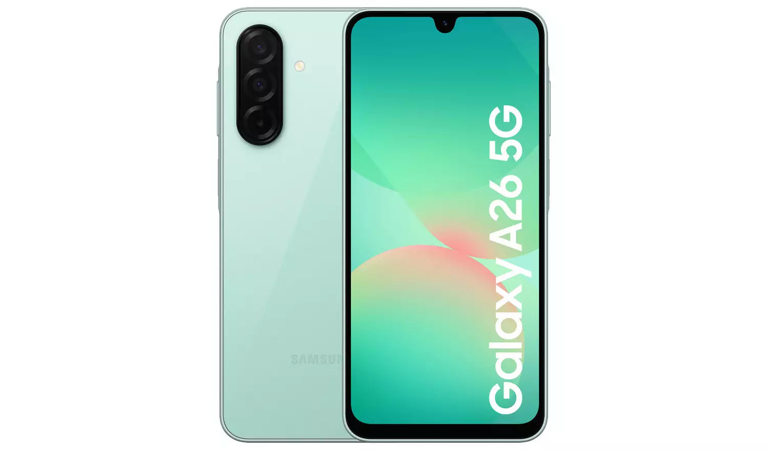 Galaxy A26 5G mint smartphone, front display with "A26 5G" branding, back camera
