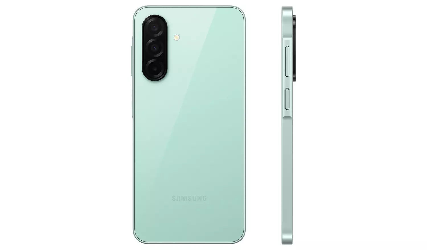 Galaxy A26 5G mint back and side view, dual rear cameras visible on the back
