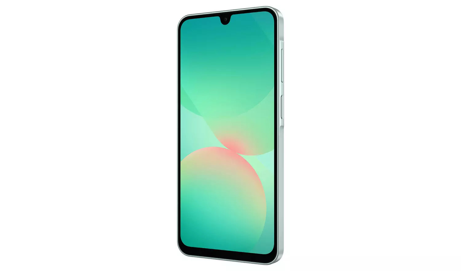Galaxy A26 5G mint front view, centered notch, gradient wallpaper on screen