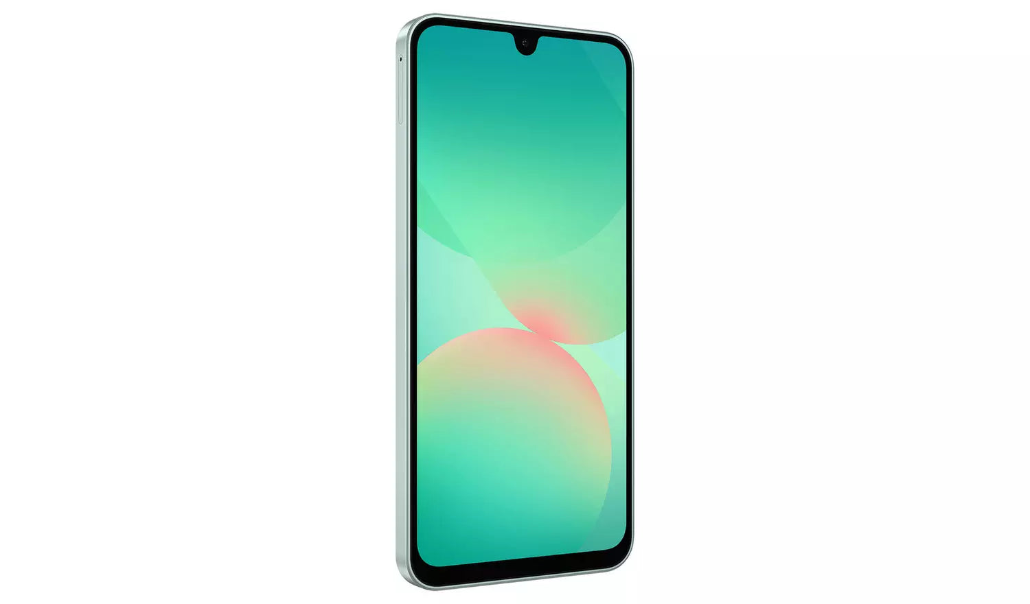Galaxy A26 5G mint front view angled, slim bezels and notch at the top