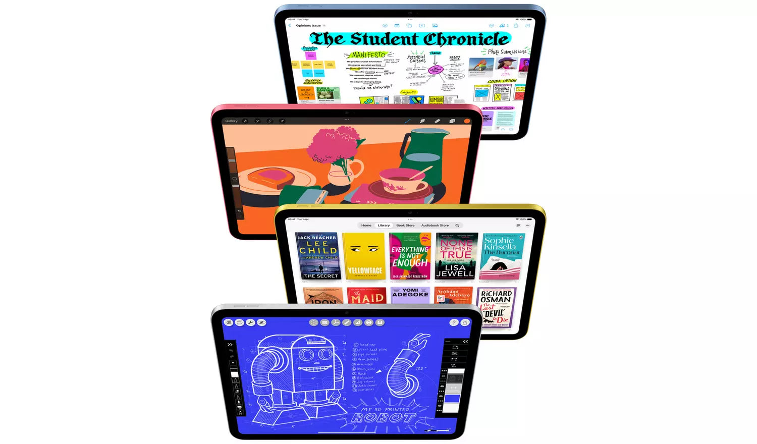 Multiple iPad tablets showing different colorful front displays