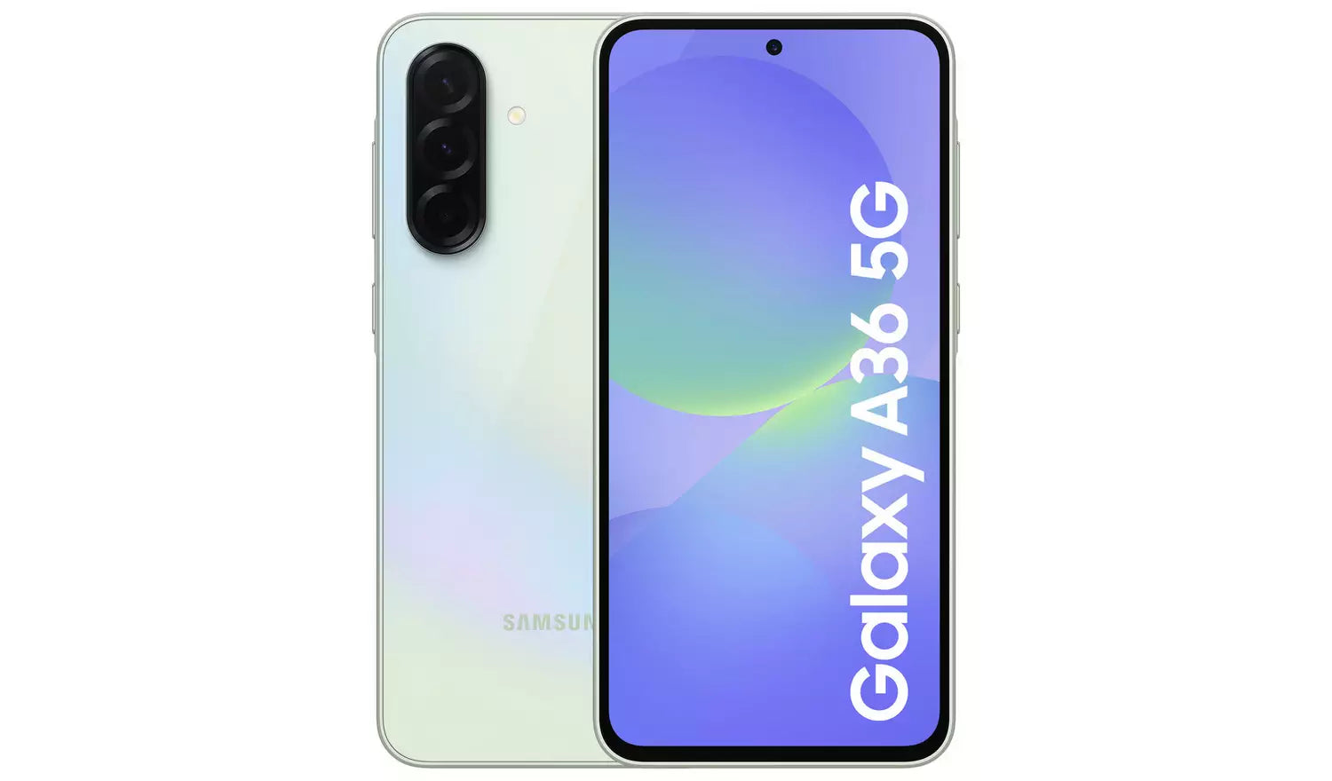 Galaxy A36 5G front display with A36 5G text and dual rear cameras