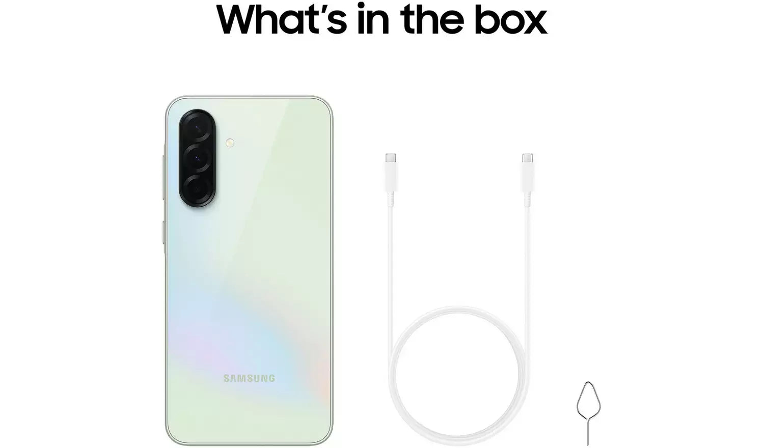 Galaxy A36 5G smartphone (light back) with USB cable and SIM tool