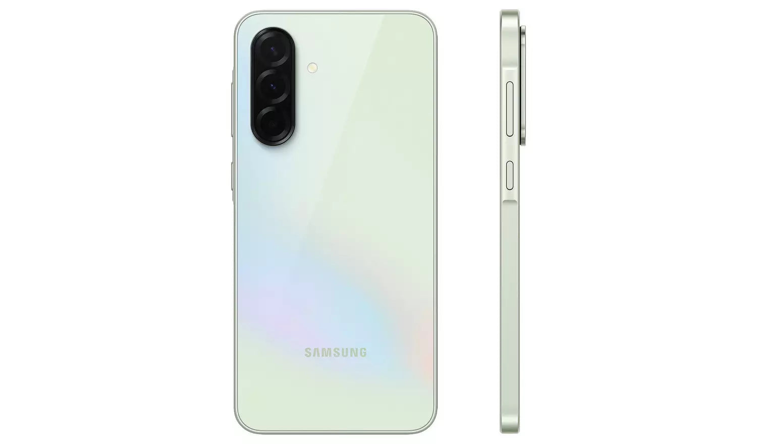 Galaxy A36 5G in mint green, back with dual cameras and side profile