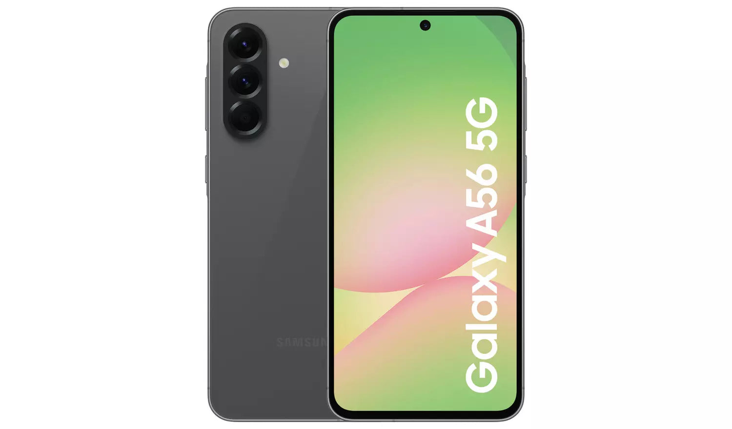 Graphite Galaxy A56 5G smartphone front and back with dual-lens rear camera