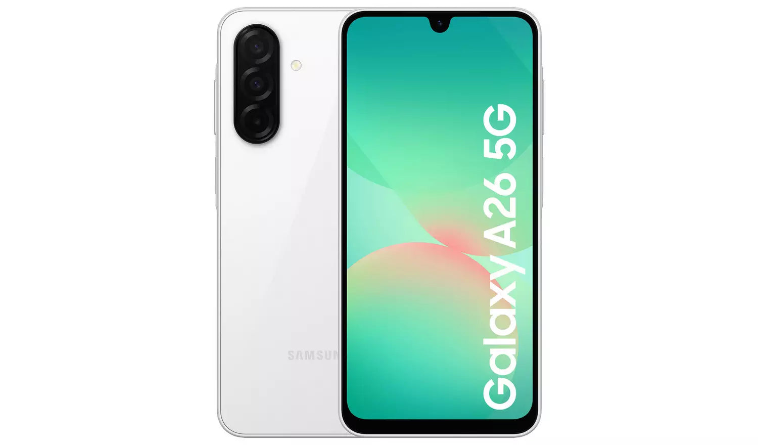 White smartphone front with 5G A26 display