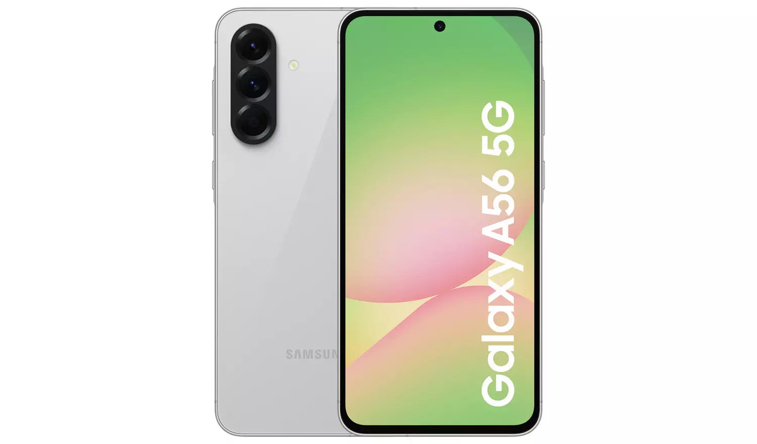 Light grey Galaxy A56 5G smartphone, front and back with dual rear cameras