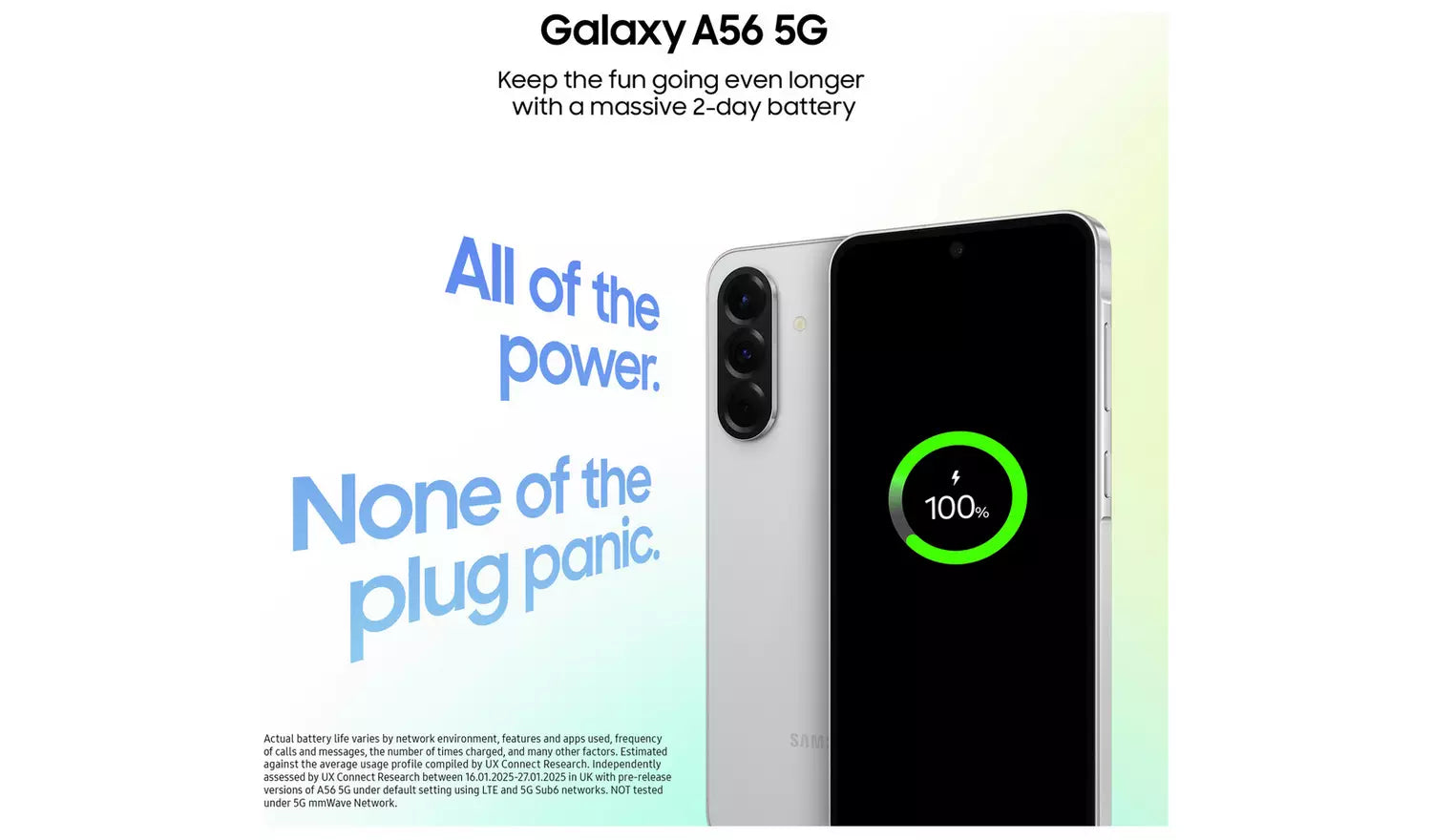 Galaxy A56 5G light grey phone with dark display and 100% battery icon