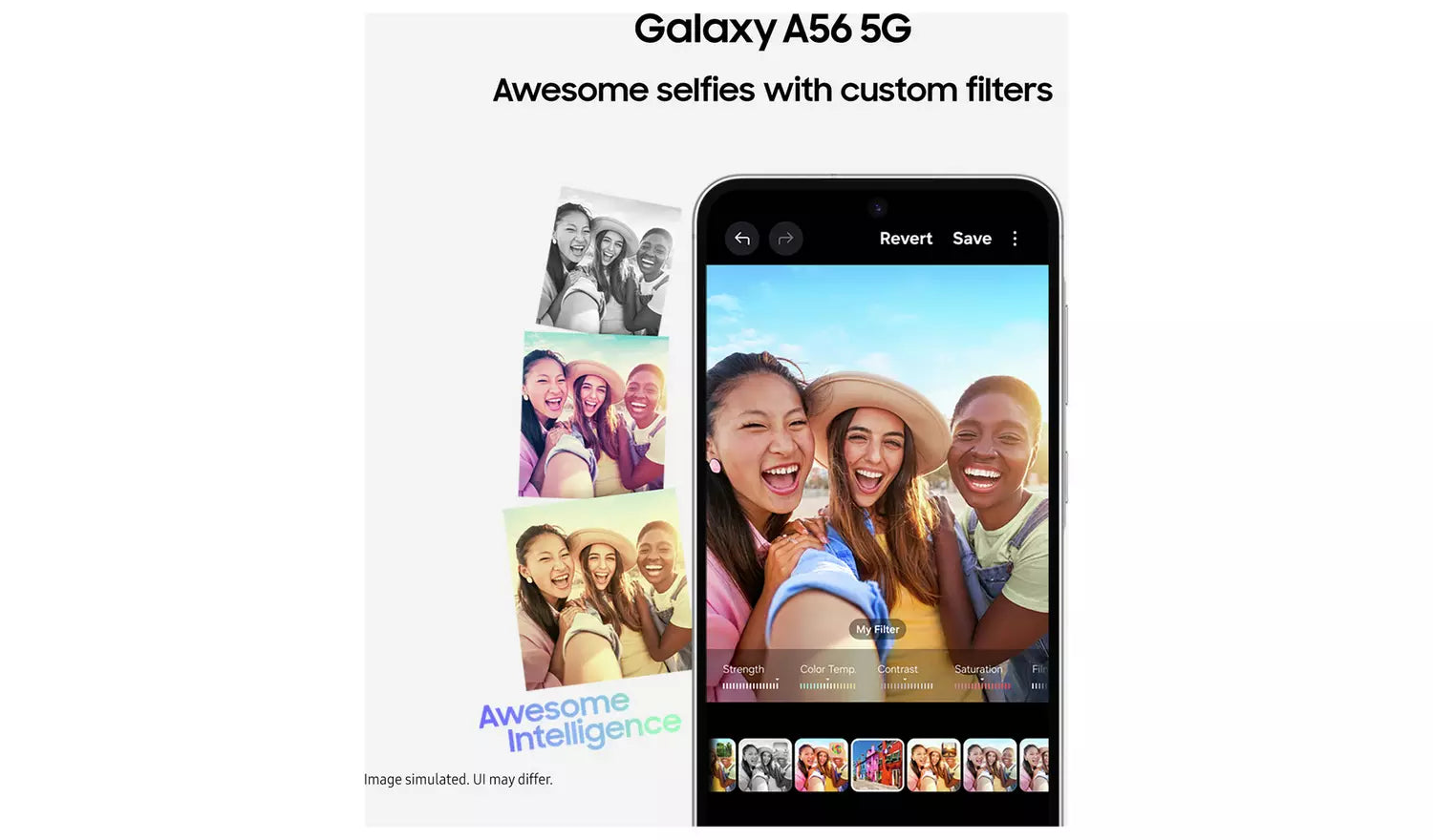 Galaxy A56 5G smartphone showing selfies with custom filters on display