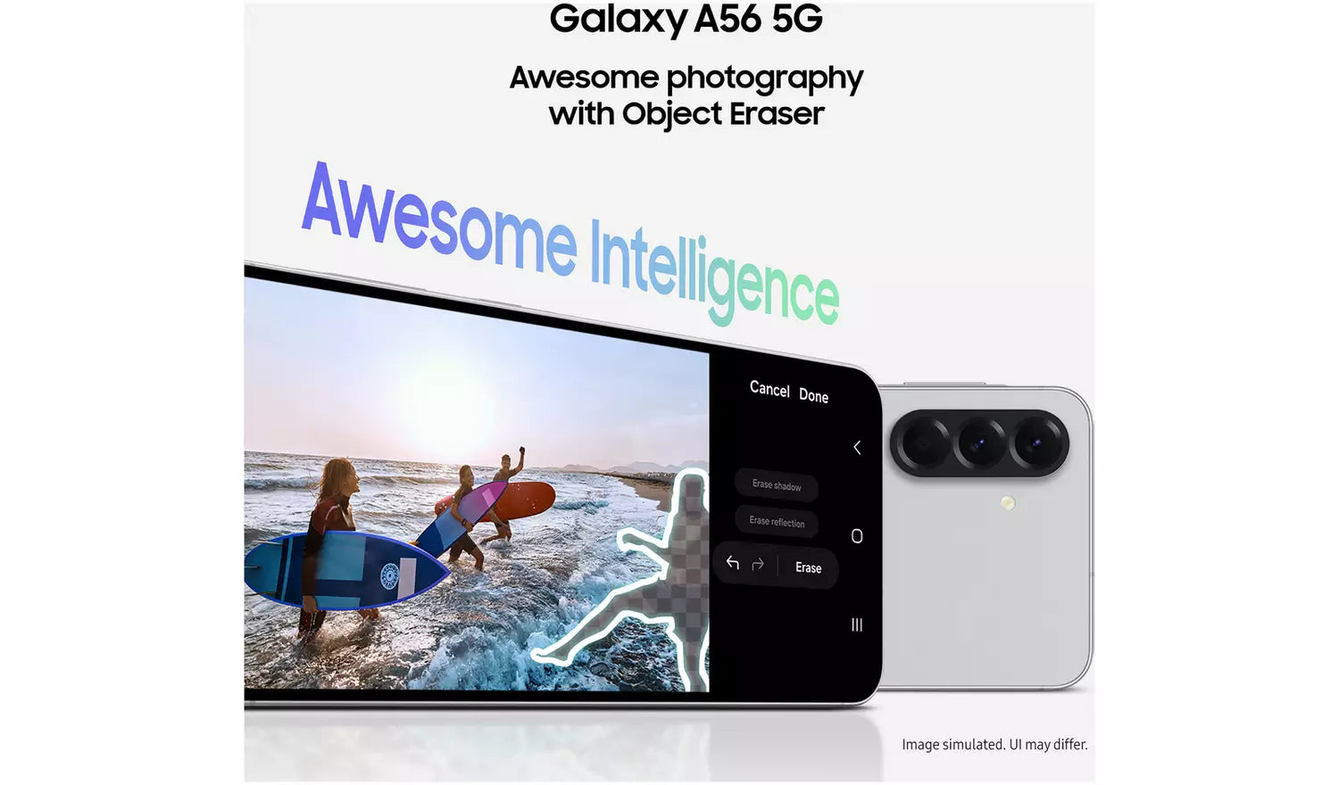 Galaxy A56 5G smartphone front and back, Object Eraser camera view