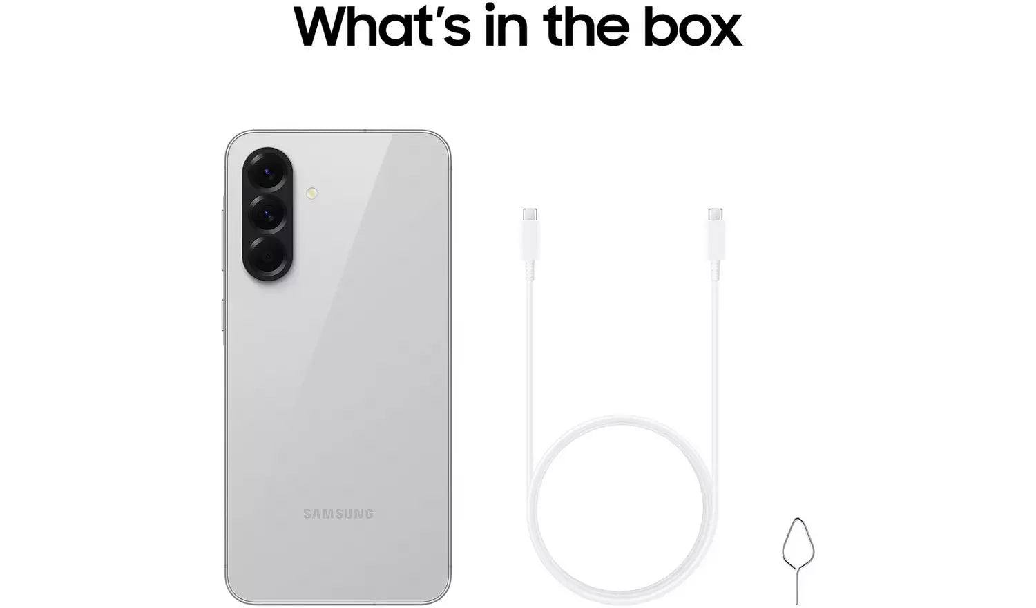 Light grey Galaxy A56 5G phone back with USB cable and SIM tool