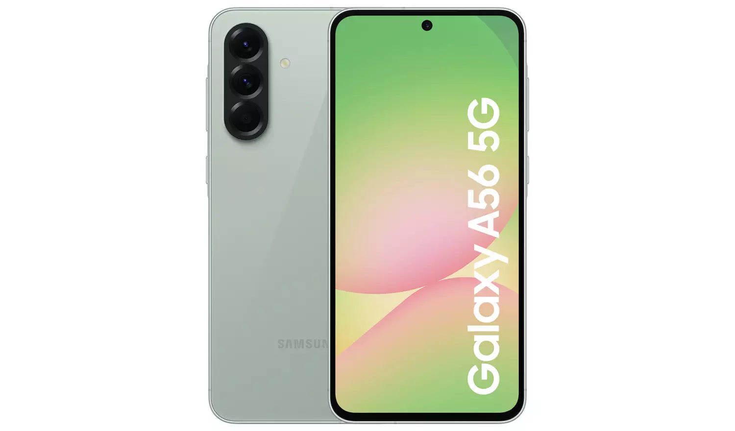 Olive Galaxy A56 5G smartphone front and back with dual-lens rear camera