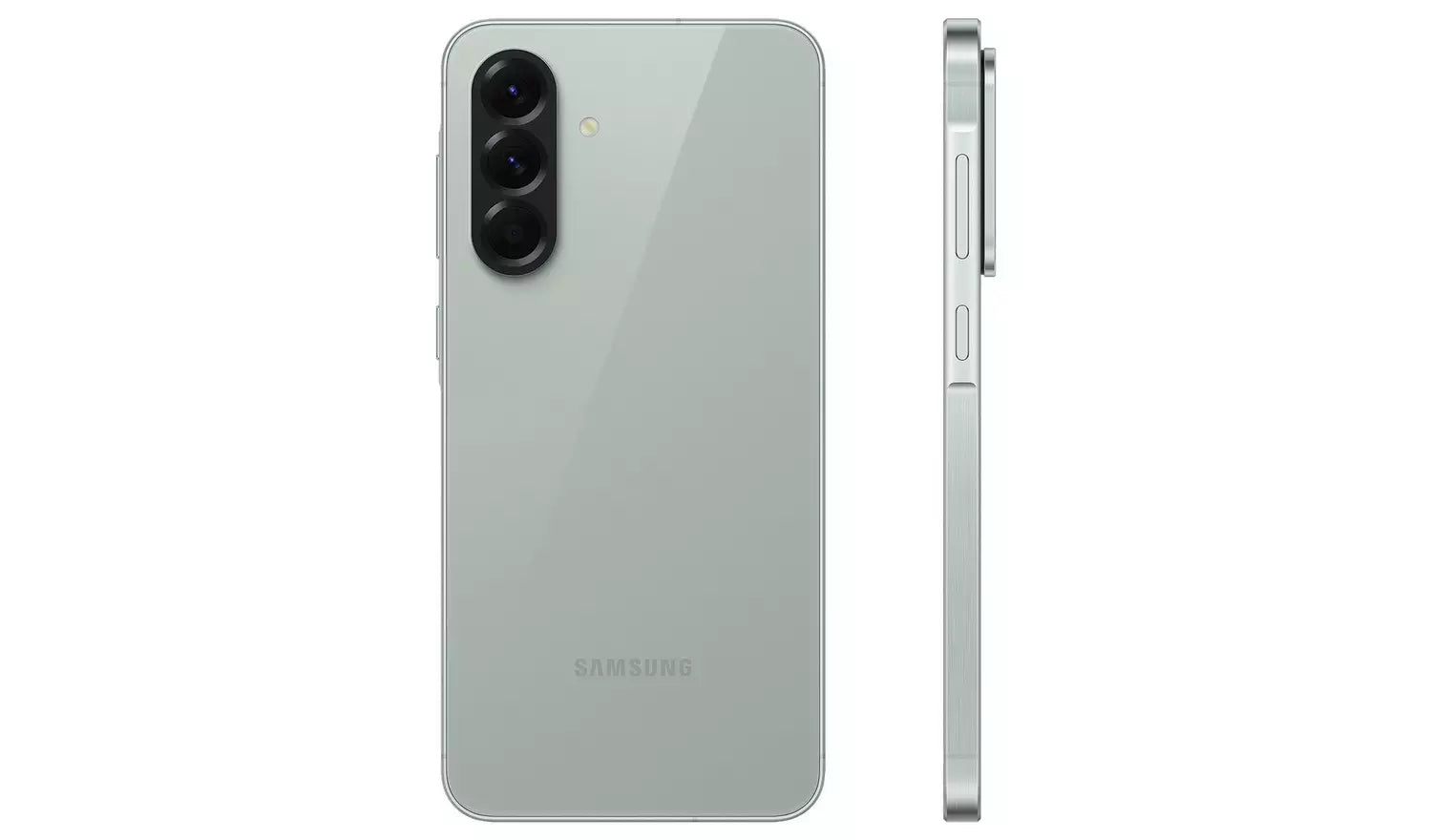 Olive/green smartphone back and side profile with dual-lens camera