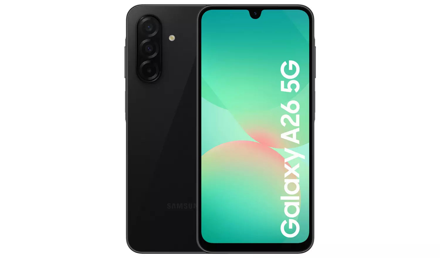 Samsung Galaxy A26 5G black smartphone front view with teal display and triple camera
