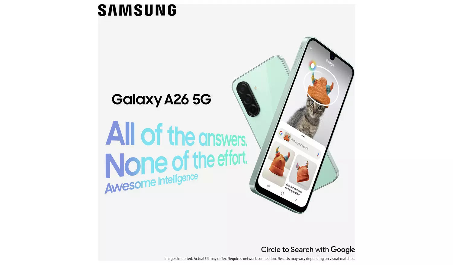 Samsung Galaxy A26 5G smartphone in mint, front and back with camera module visible