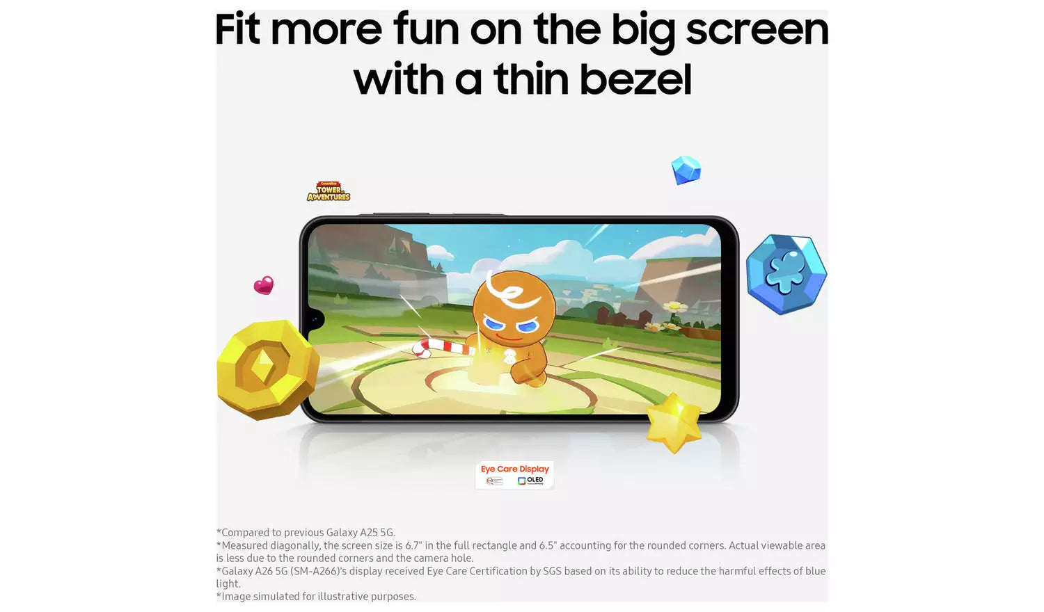 Galaxy A26 5G big display with thin bezel, front view smartphone in landscape mock